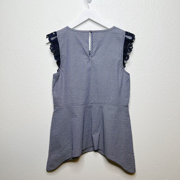 CAbi Crochet Flutter Sleeve Top Seersucker Blue White Striped #5727 Sz S - Picture 5 of 9